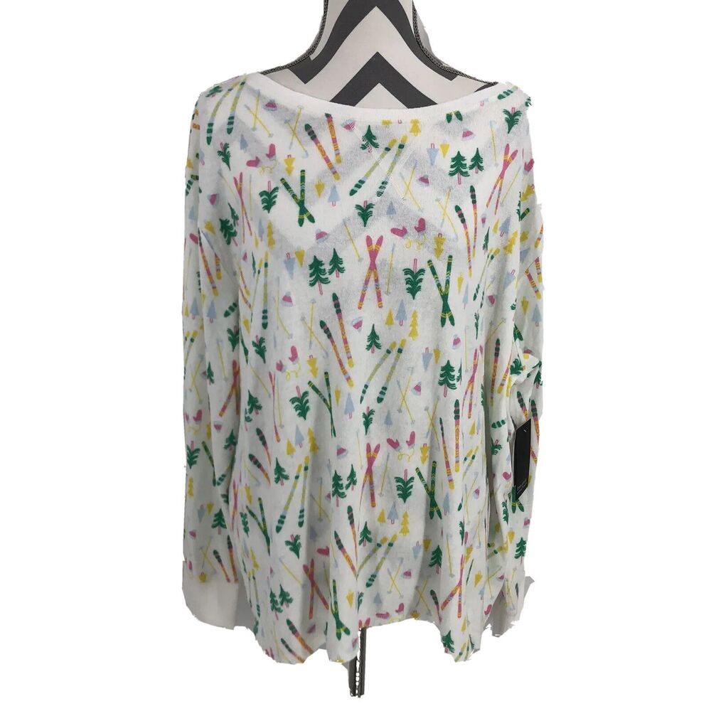 Free Press Sleepware White Multicolor Ski Print Fleece Pajama Top Soft Medium